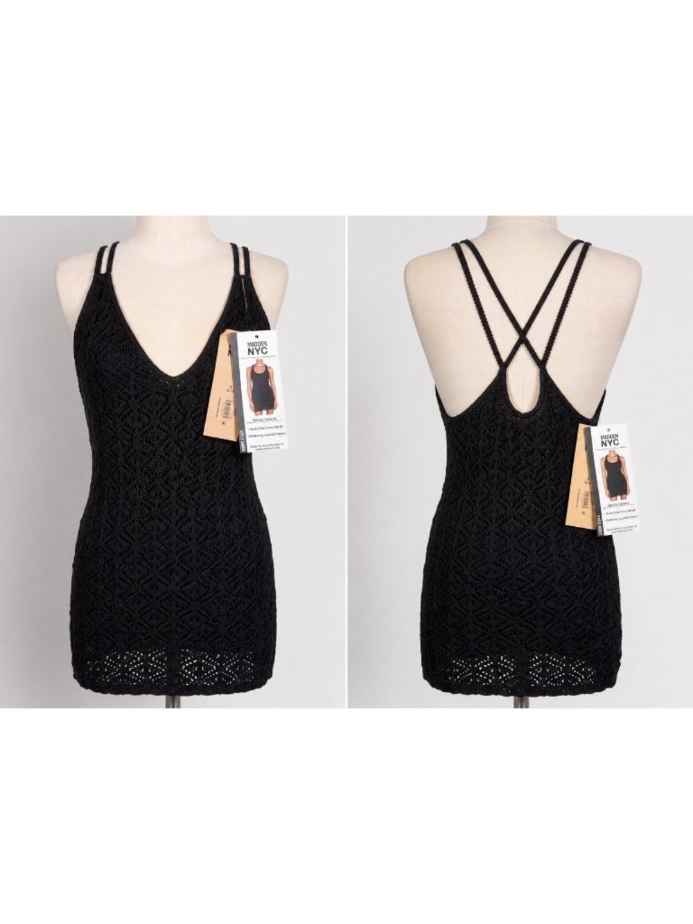 Madden NYC Black Crochet Cover Up Dress Women’s Small NWT Criss Cross Back